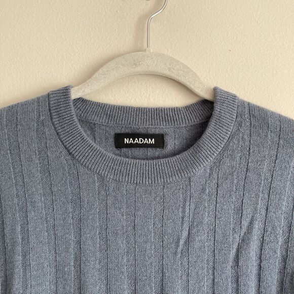 Naadam Womens Blue Ribbed Cropped 100% Cashmere Crew Neck Sweater Size Large - Picture 3 of 11